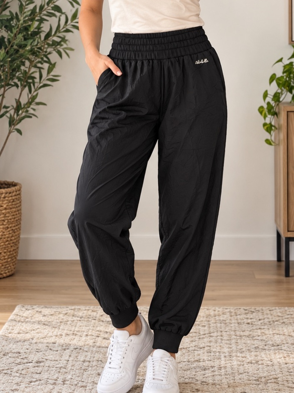 Abibelle Black Canvas Joggers Size M Lightweight Pull-On Cuffed Pants Minimalist
